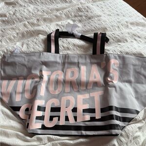Victoria's Secret Pink and Gray Striped Tote with Zipper